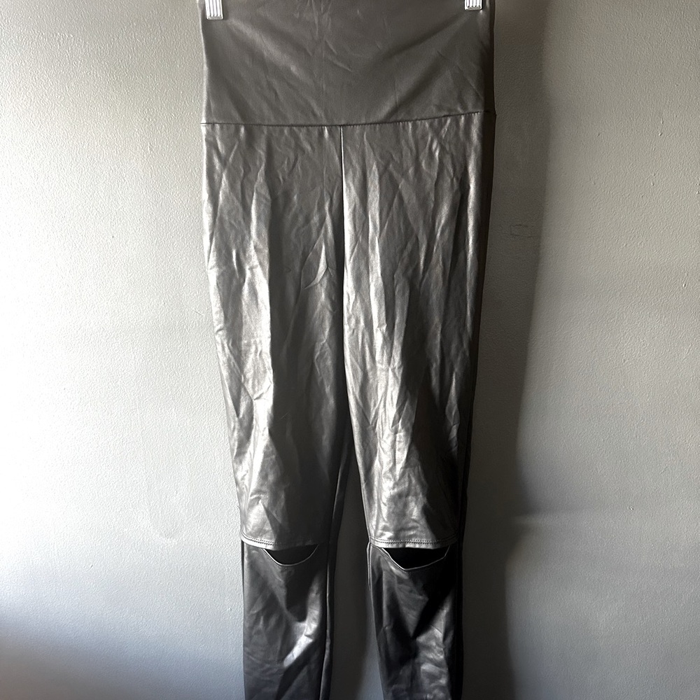 Faux Leather Slit Knee Leggings
